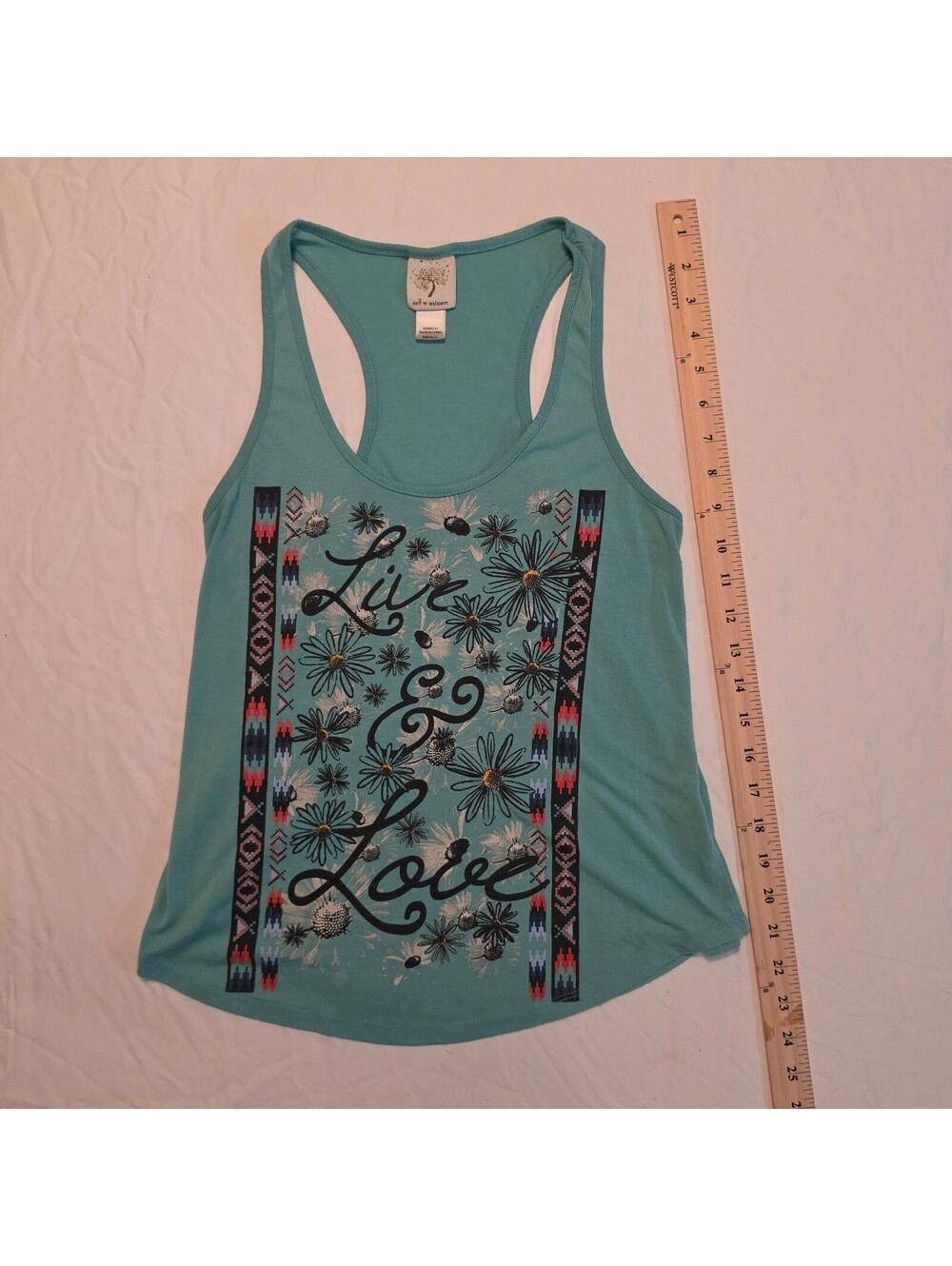 Self Esteem Women's Small Turquoise Racerback Tank Top Live & Love Graphic